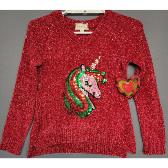 btween Sweater Girls Sz 7 Red Sequin Unicorn Pullover Holiday Sparkle Christmas - Picture 1 of 11
